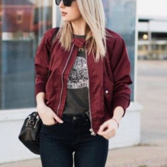 Jackets & Blazers - Zip up bomber jacket sporty minimalist burgundy